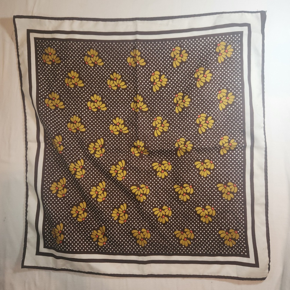 Vintage Brown Polka Dot Floral Square Scarf Yellow Flowers White Border 26in 70s